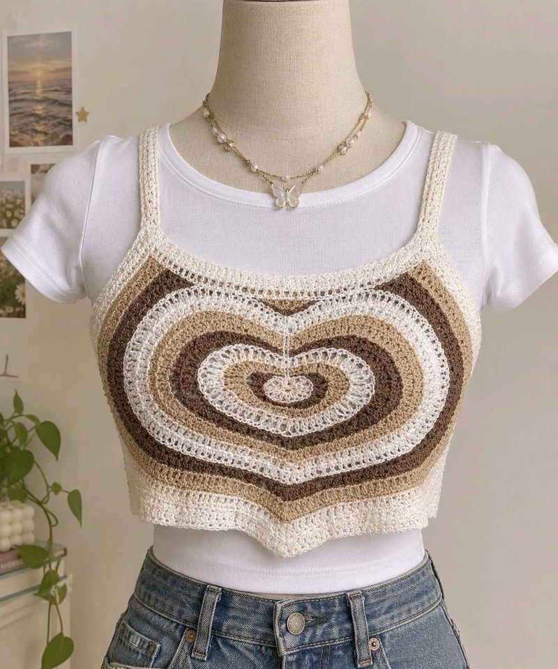 y2k Crochet brown Heart Crop Top pinteresty