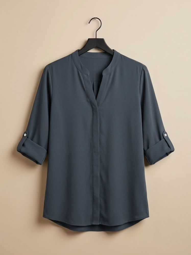 Stylish Band Collar Roll-Tab Sleeve Blouse