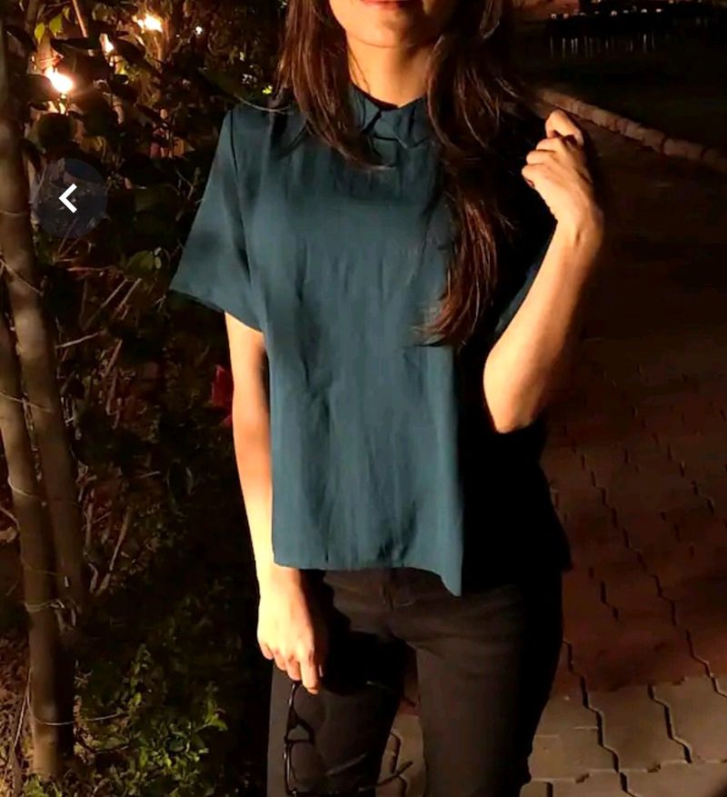 Green Styled Back Top With Shirt Collar