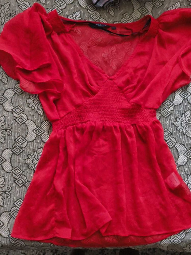 Chic Red Sheer Ruffle Sleeve Top