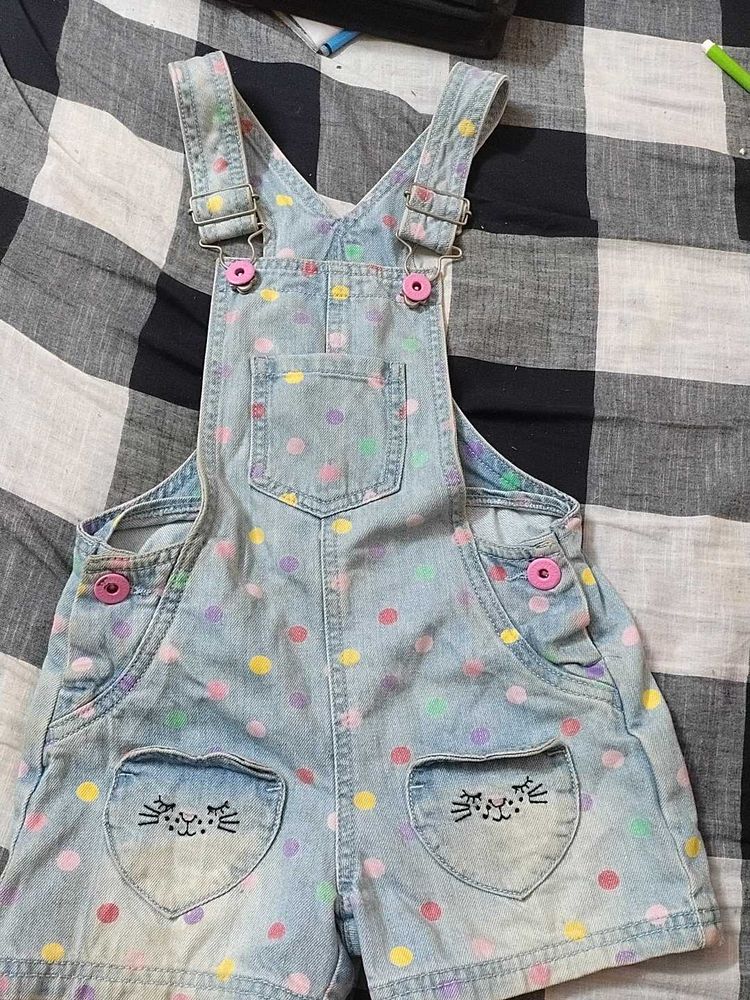 Cute Polka Dot Denim Overalls with Cat Pockets