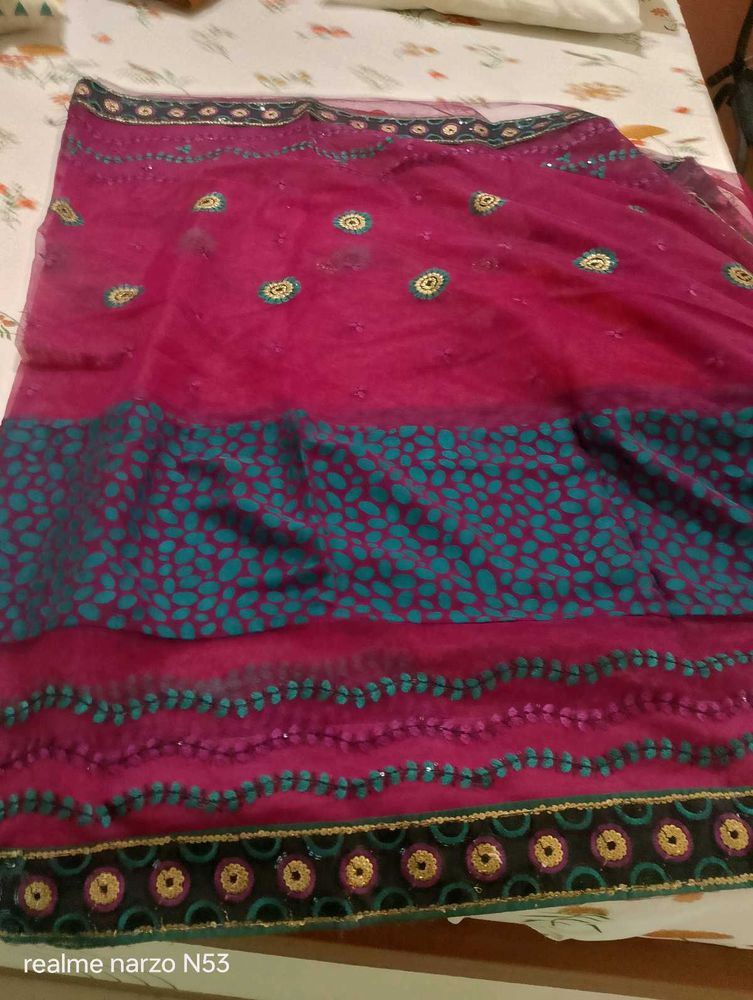Vibrant Pink &amp; Teal Embellished Saree
