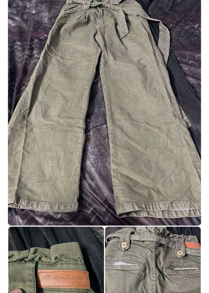 Olive Green Wide Leg Pants with Belt