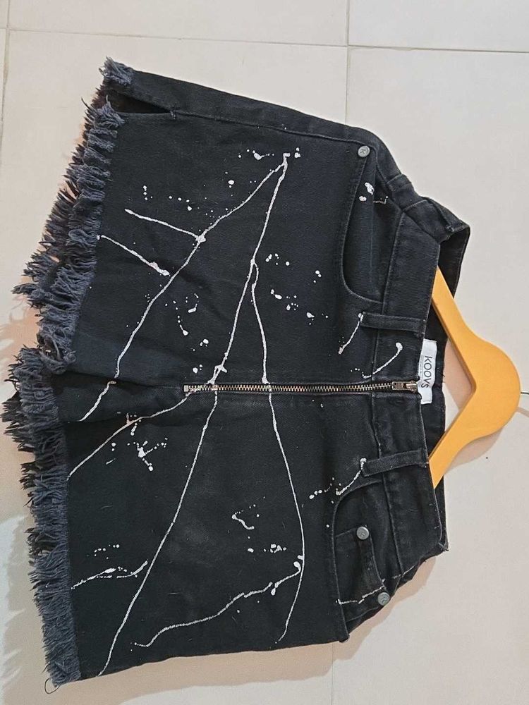 Black Distressed Denim Shorts with White Splatter