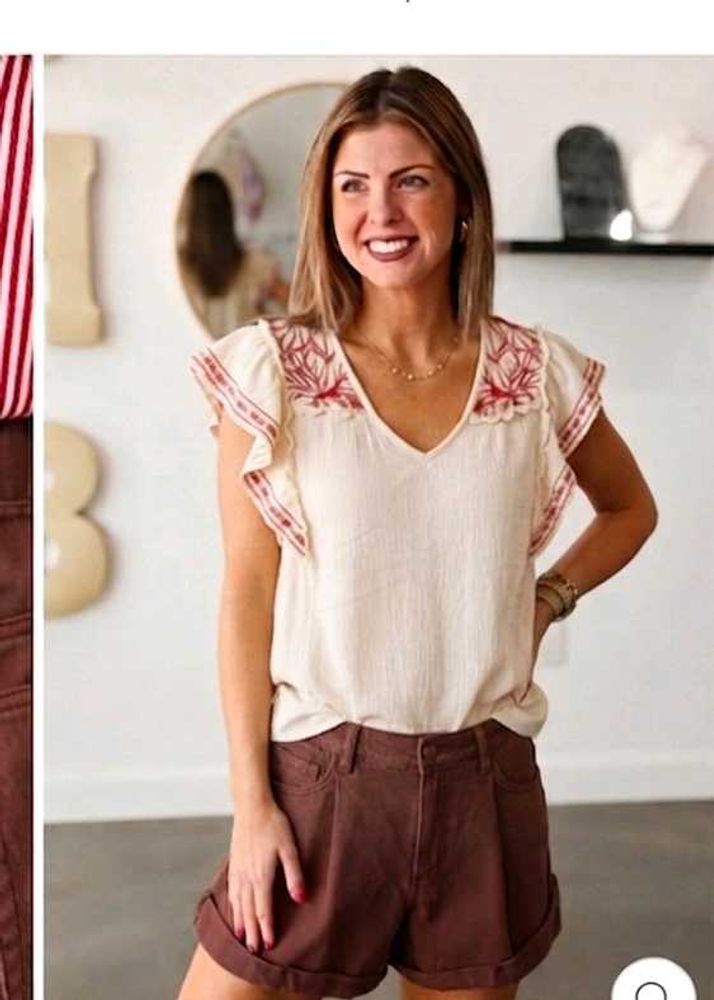 Embroidered V-Neck Flutter Sleeve Top