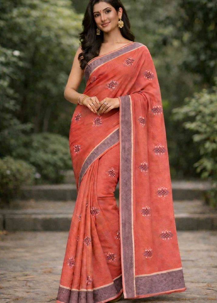 Elegant Coral Embroidered Saree