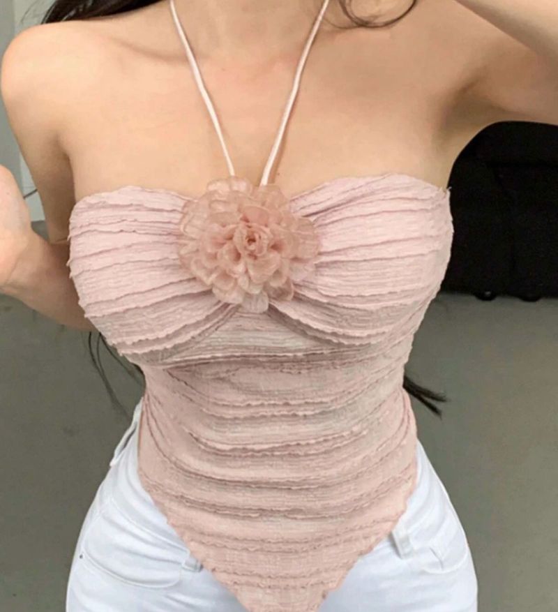 Chic Pink Halter Neck Top with Flower Detail