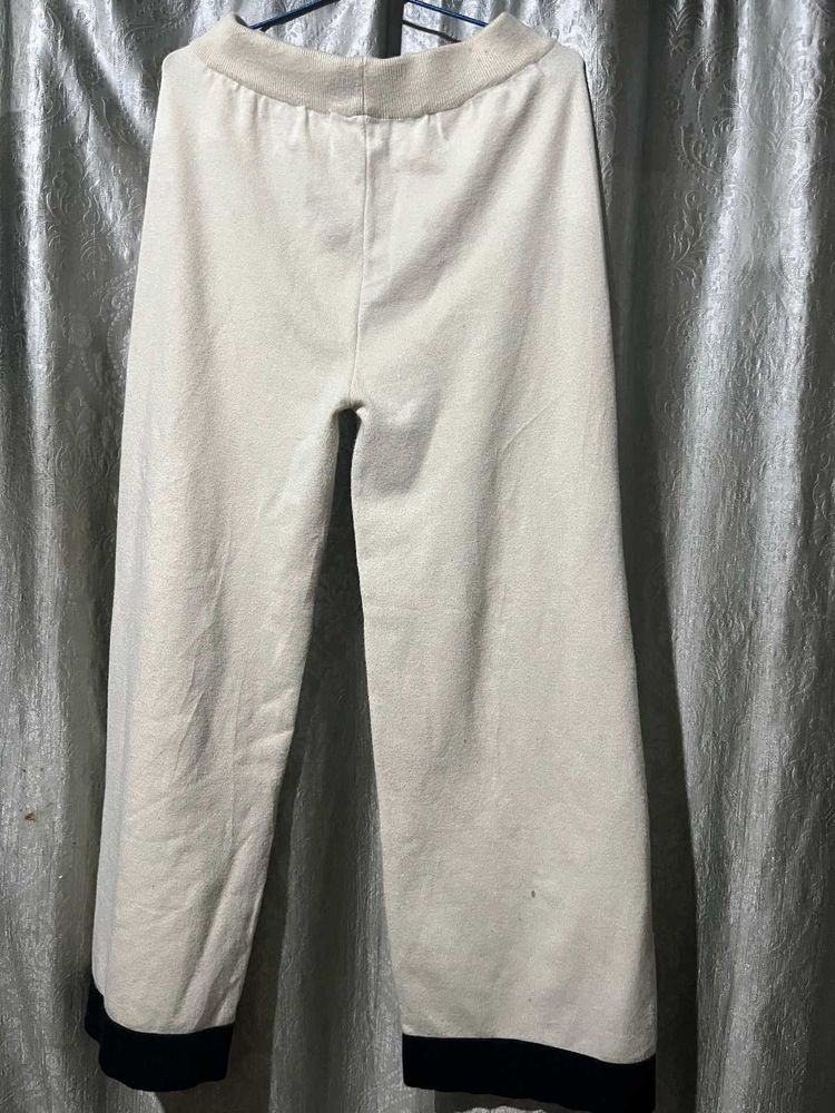 Cream Wide Leg Pants with Black Hem