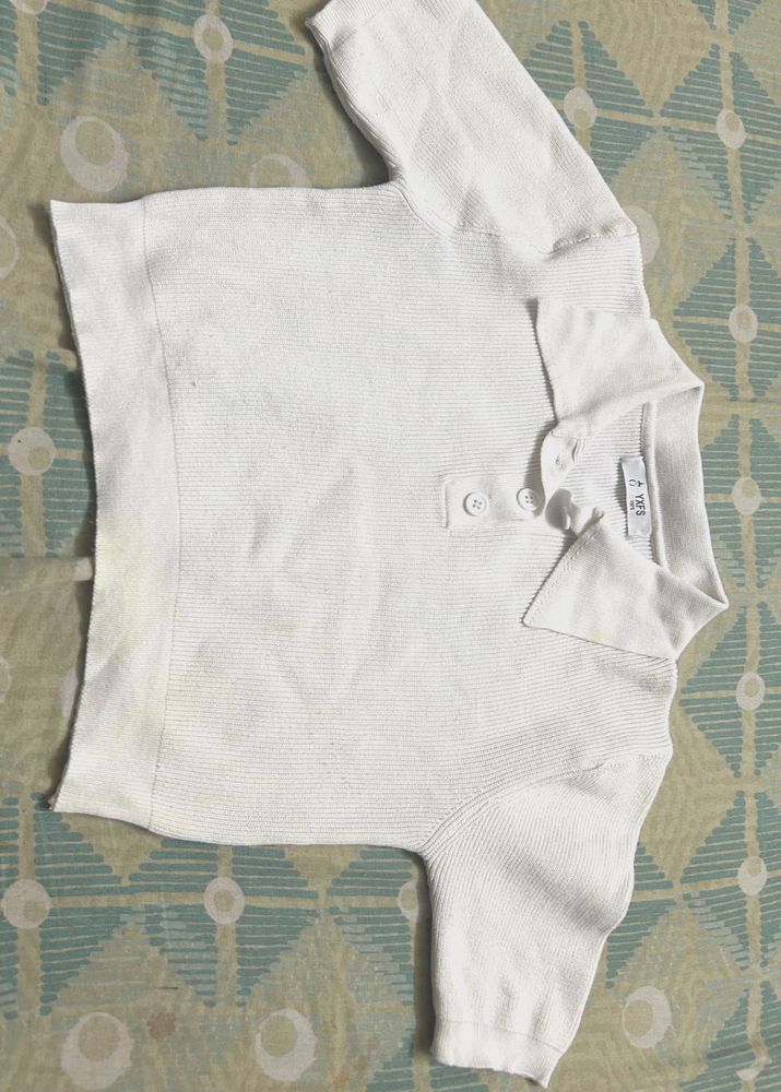 White Cropped Knit Polo Top