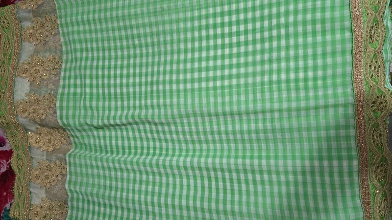 Golden andLight Green Gingham Saree  for women