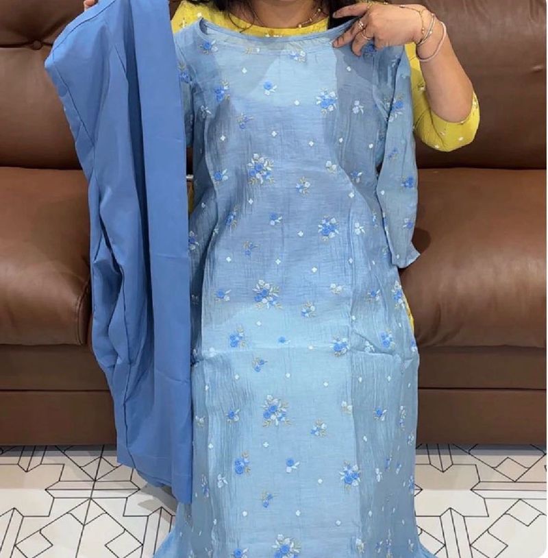 powder  Blue mul chanderi kurta Set