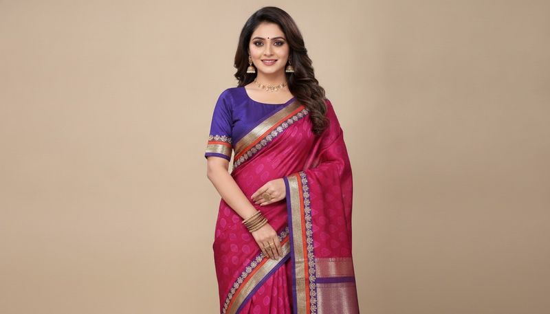 Beautiful Pink Saree with Blue Blouse