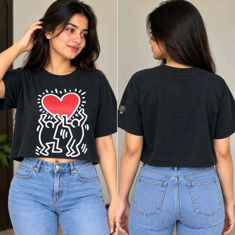 Cropped T-Shirt with Heart Graphic