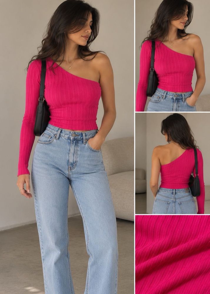 H&amp;M Hot Pink One-Shoulder Ribbed Top