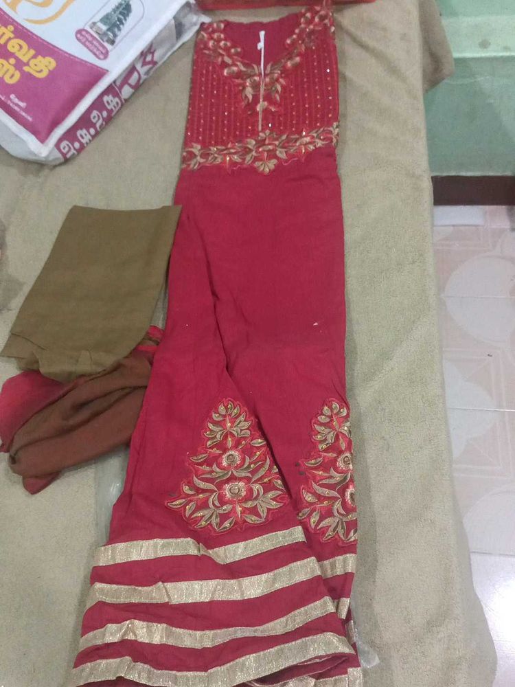 Embellished Red Kurta Set with Trousers