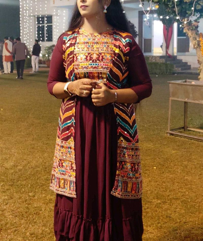 Wine Color Gown With Shrug