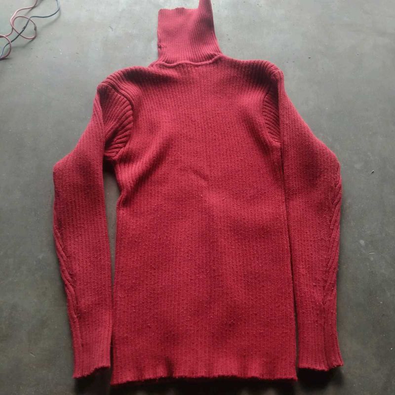 Red Ribbed Turtleneck Sweater