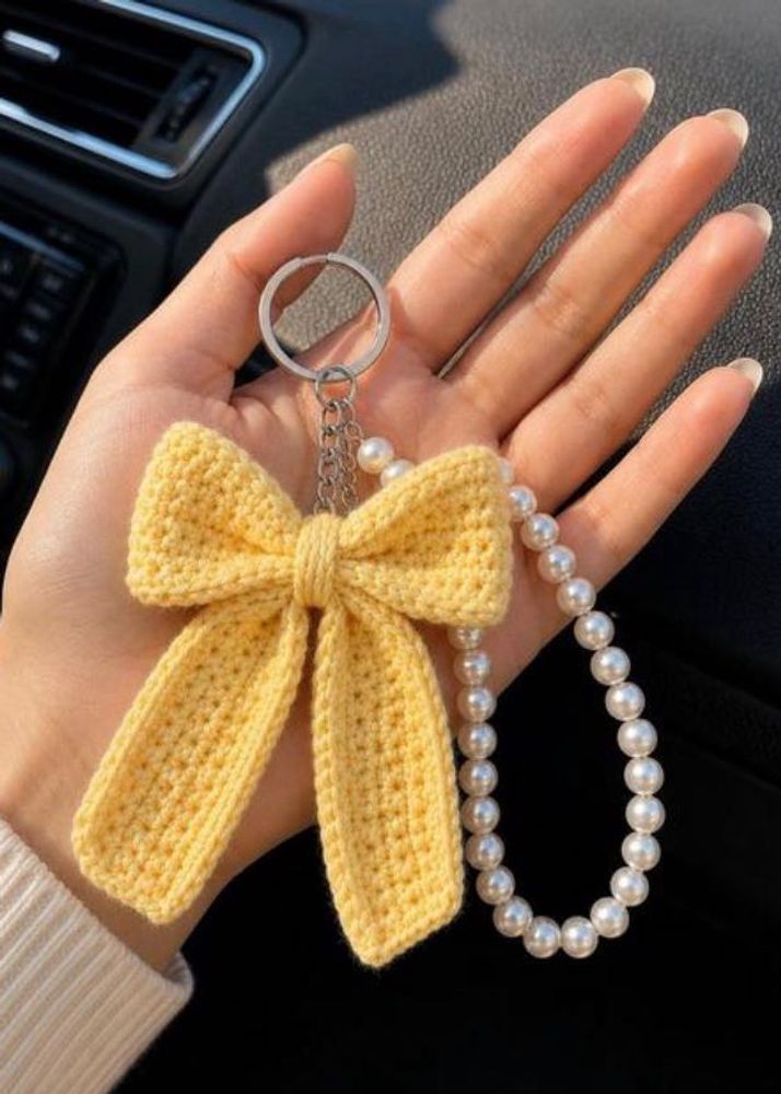 Yellow Crochet Bow Pearl Keychain