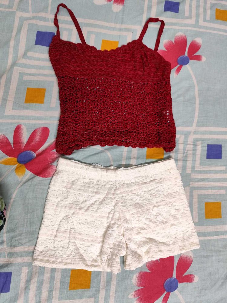 Crochet Top &amp; Lace Shorts Set