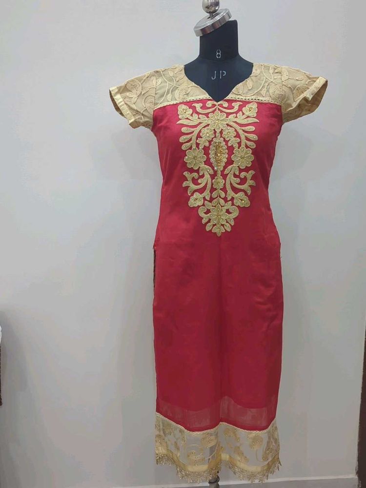 Red &amp; Gold Embroidered Kurti