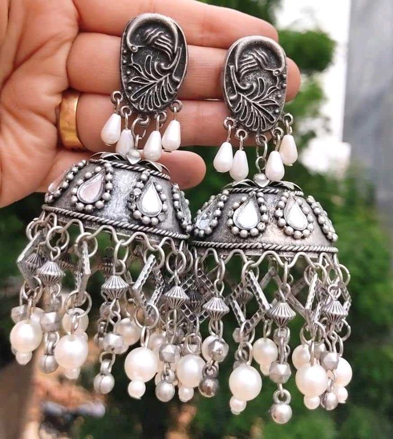 Elegant Oxidized Jumbo Size Pearl Jhumkas