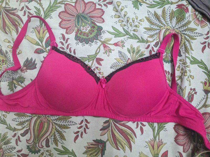 Pink Padded Bra with Black Lace Trim