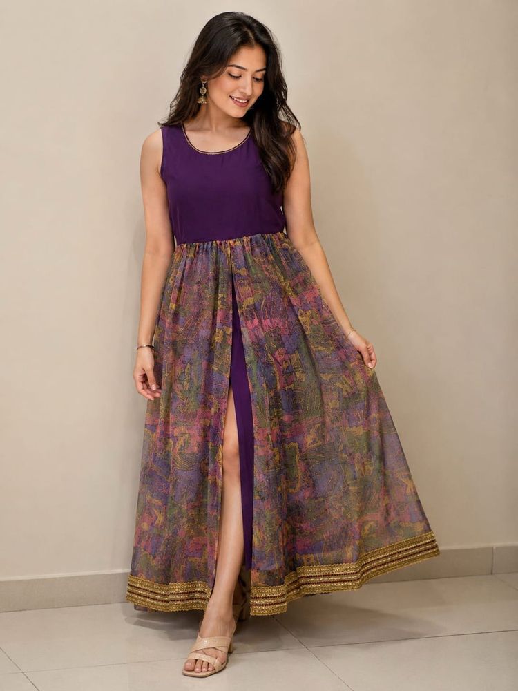 Elegant Purple &amp; Floral Print Gown