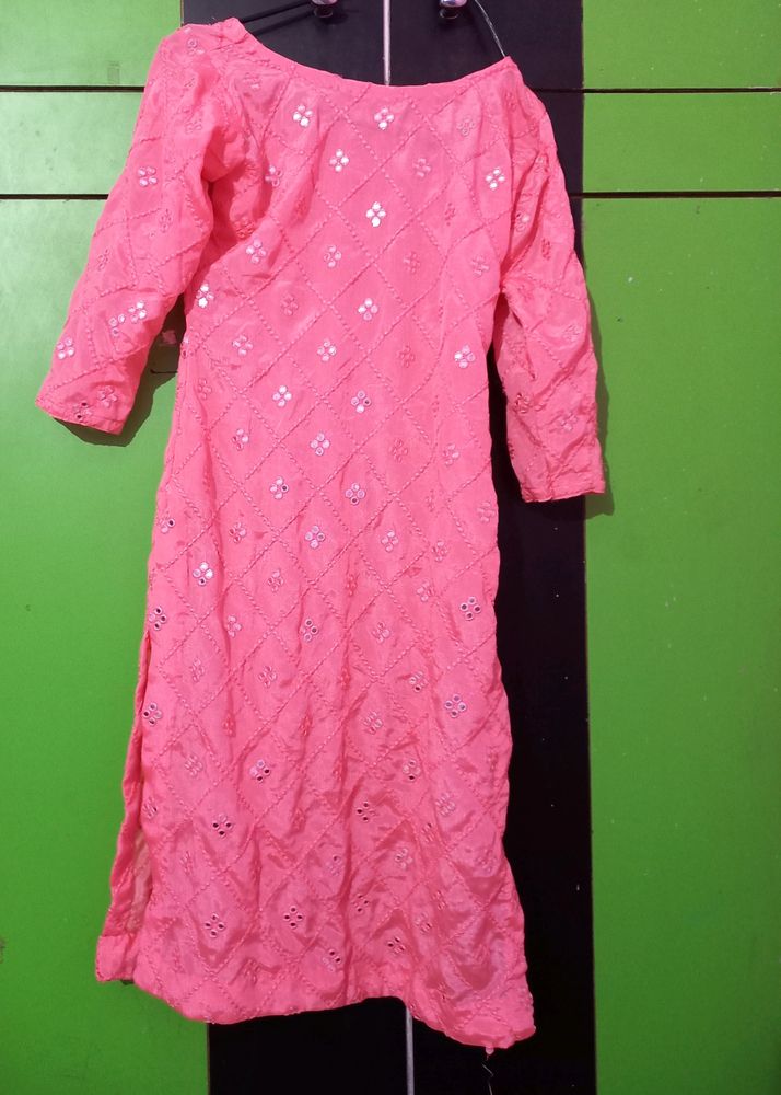 Silk  Peach Color Mirror Work Kurti