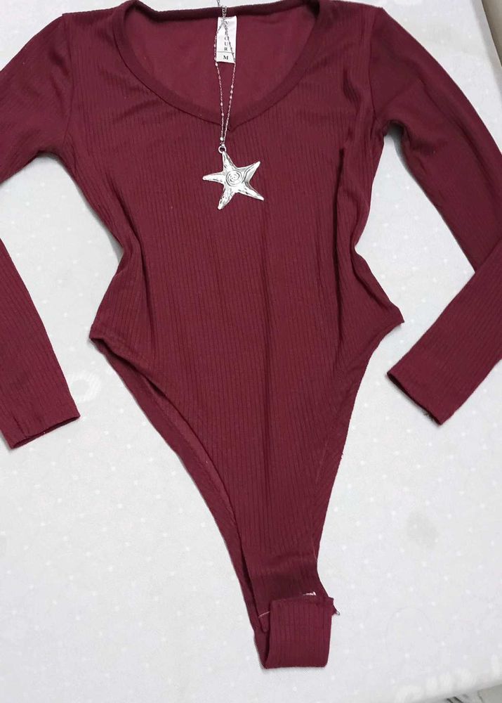 Ribbed Burgundy Long Sleeve Bodysuit