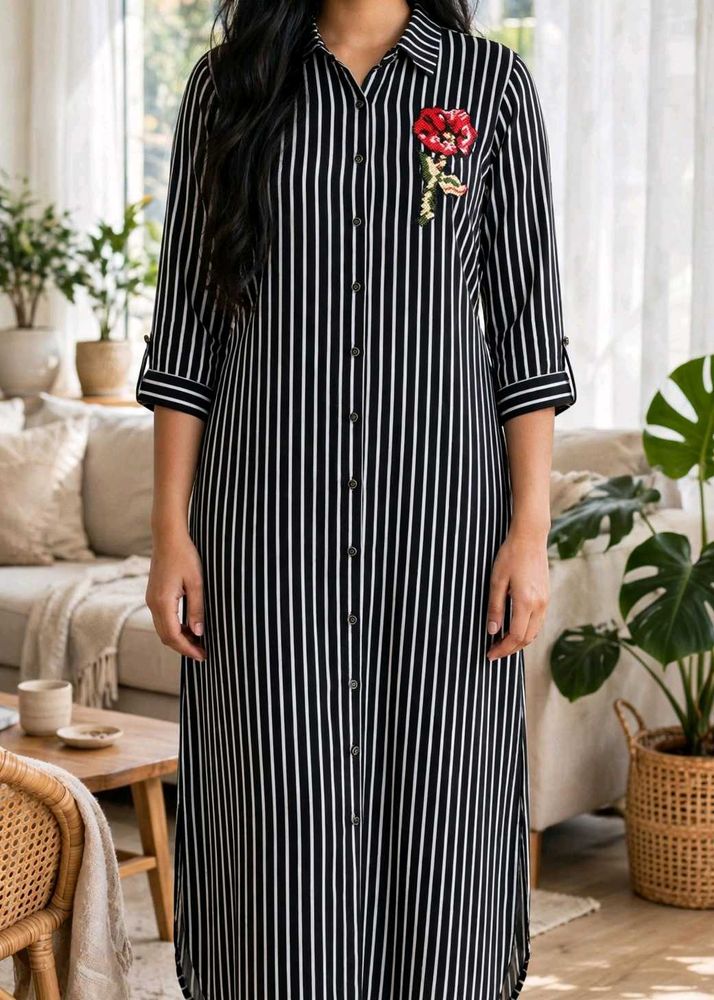 Chic Striped Button-Up Dress with Floral Accent
