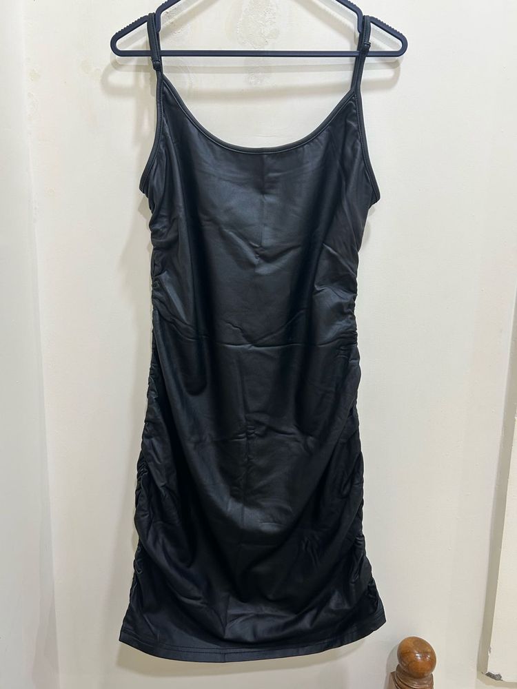 Leather type Black Ruched Mini Dress