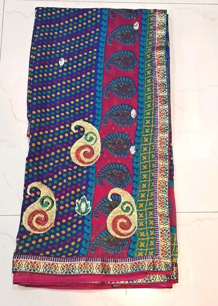 New Saree Pink Blue Embroidery