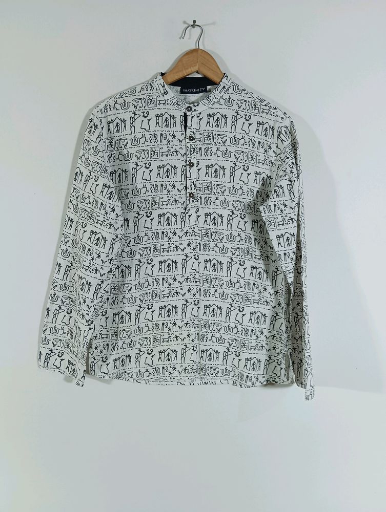 White Printed Ethnic Shirt (Men)