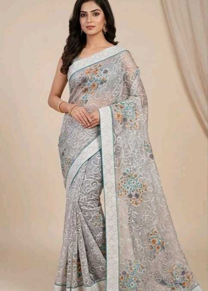 Elegant Grey Floral Print Saree