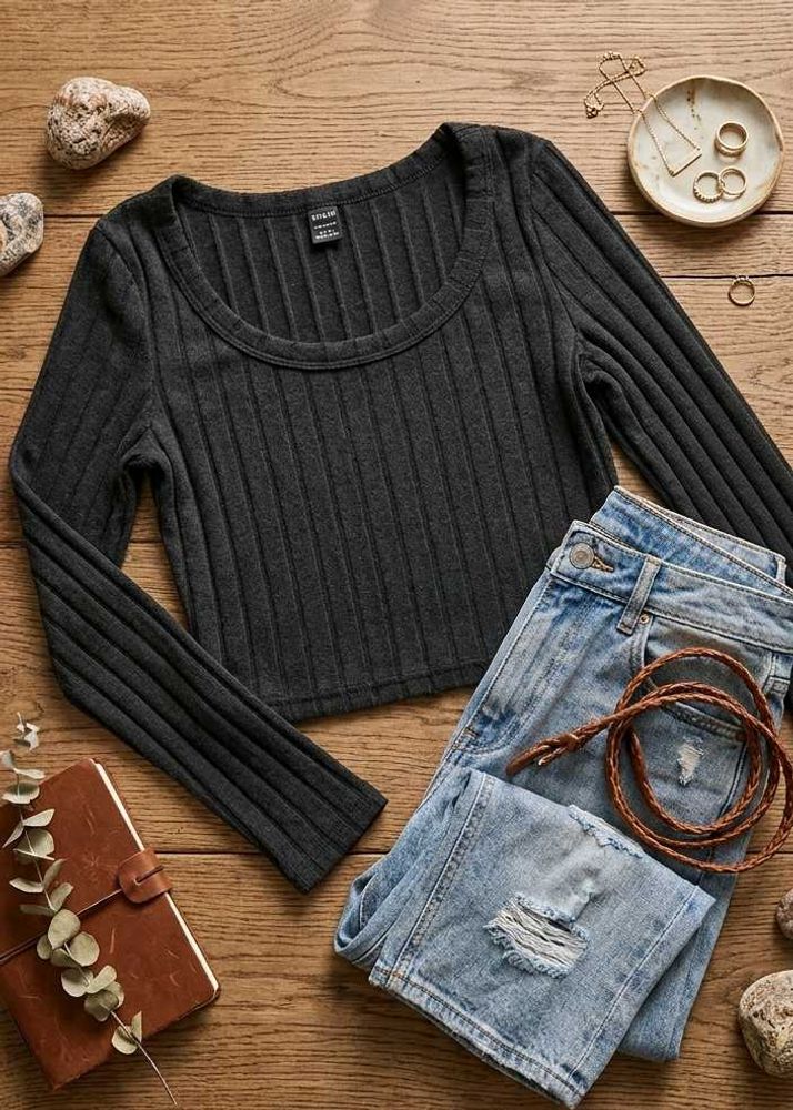 Shein Black Ribbed Long Sleeve Top