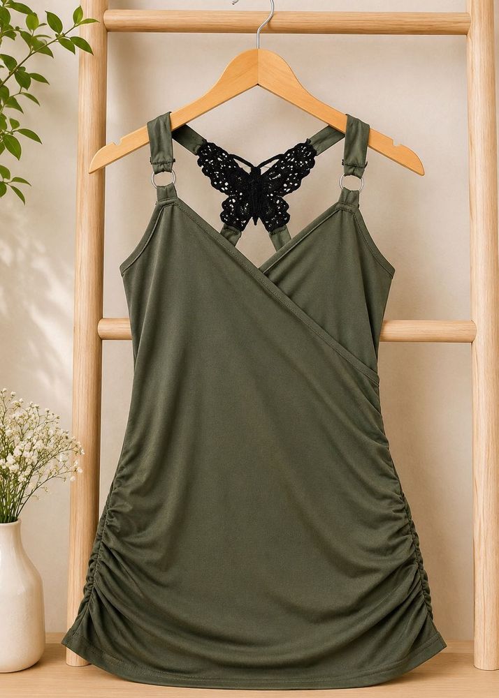 Olive Green Ruched Cami with Butterfly Detail