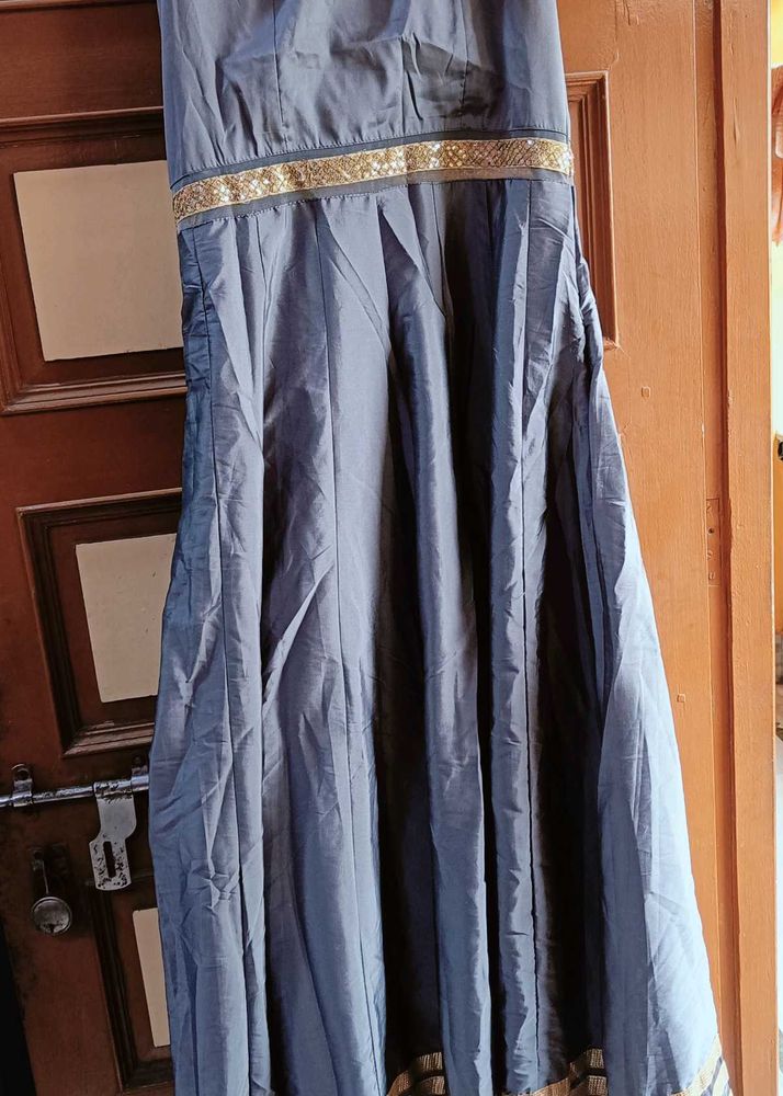 Elegant Grey &amp; Gold Anarkali Dress
