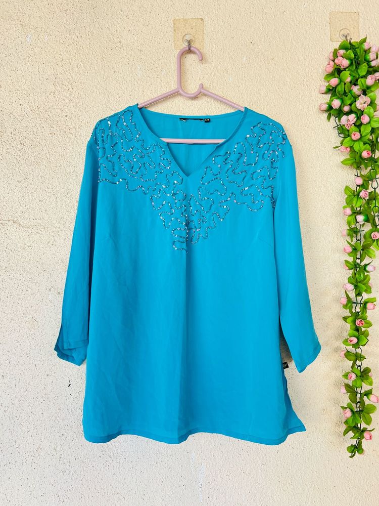 Turquoise Kurta with Embellished Neckline