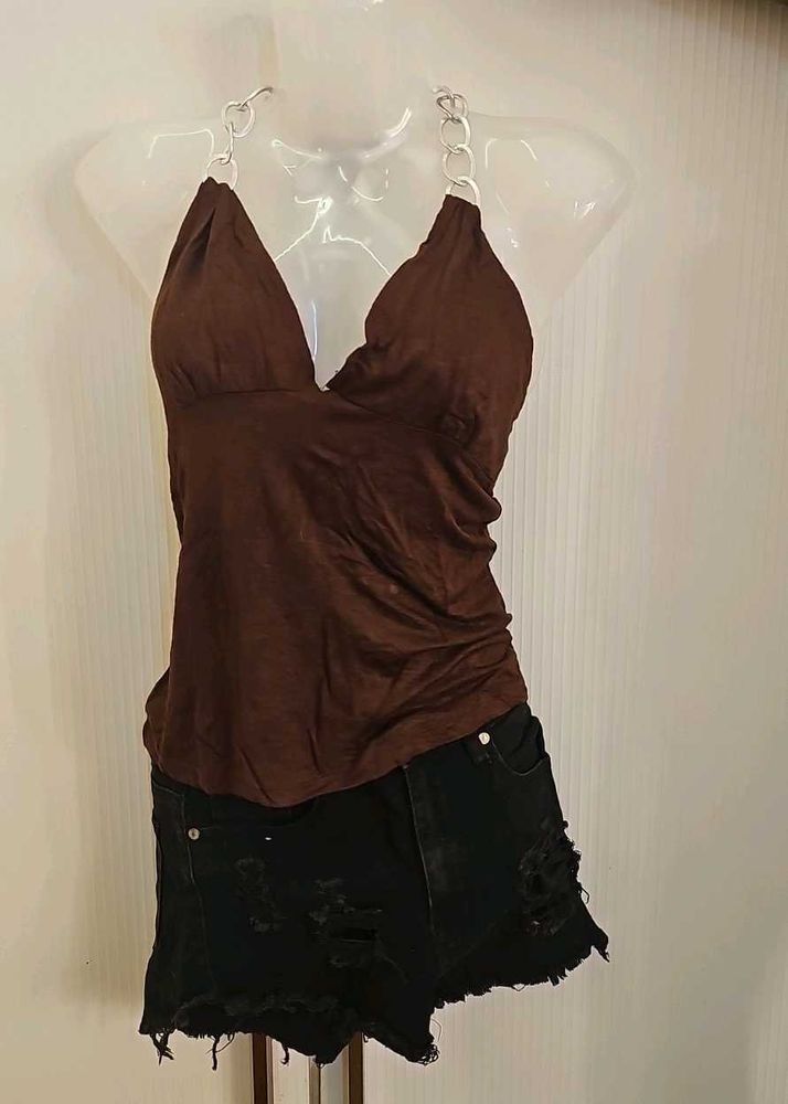 Brown Halter Top with Chain Detail