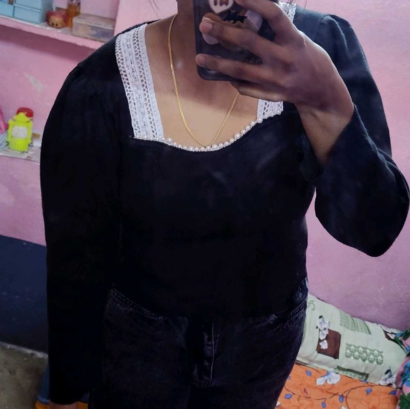 Black Long Sleeve Pearl Trim Top