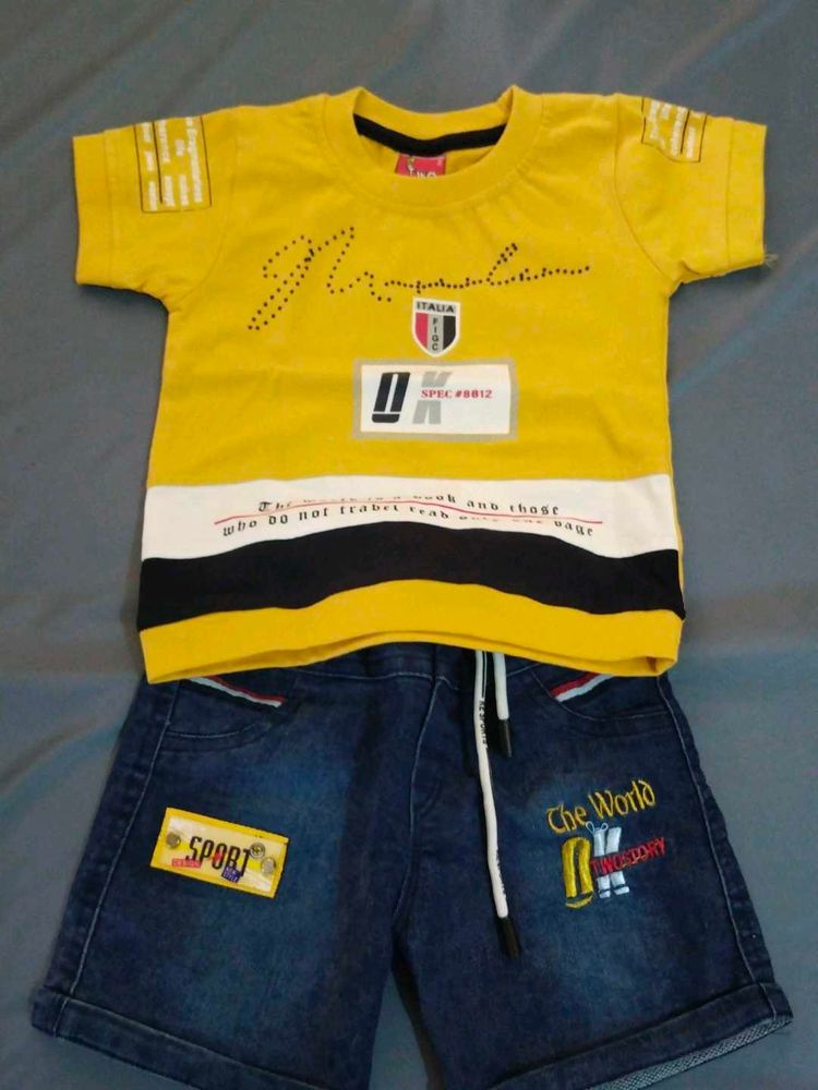 Boys Yellow T-Shirt &amp; Denim Shorts Set