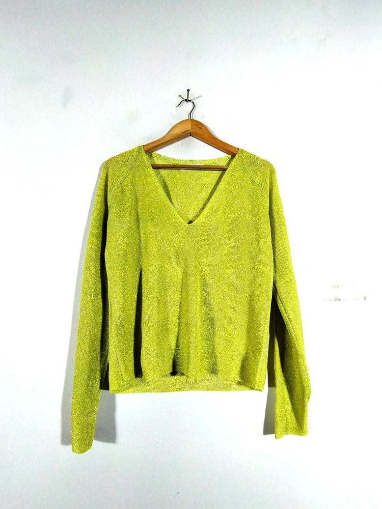 Lime Green Sparkly V-Neck Sweater