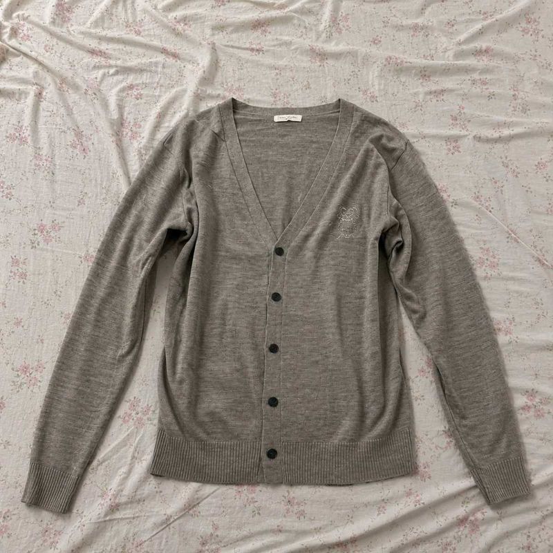 Grey V-Neck Cardigan with Subtle Embroidery