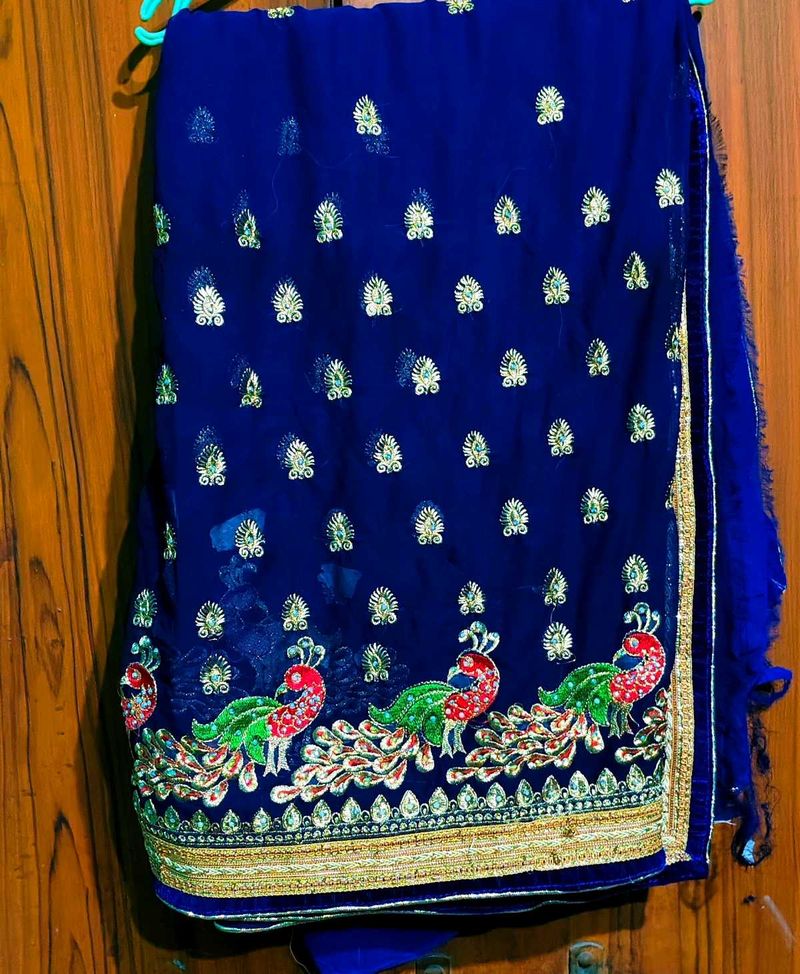 Exquisite Blue Saree with Peacock Embroidery