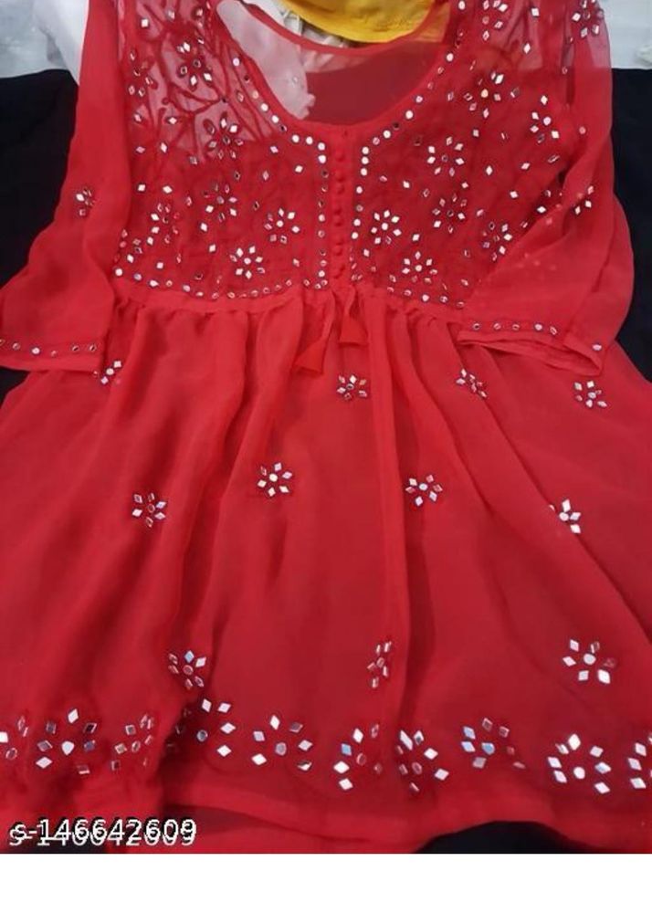 Red Mirror Work Chikankari Kurta