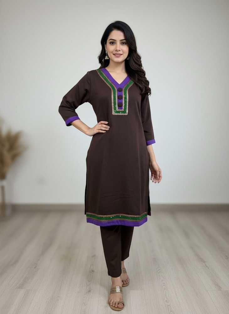 Woolen Kurta with Purple &amp; Green Embellishments