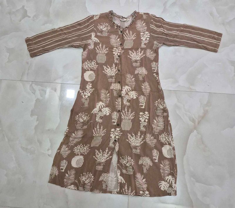 Brown Plant Print Kurta