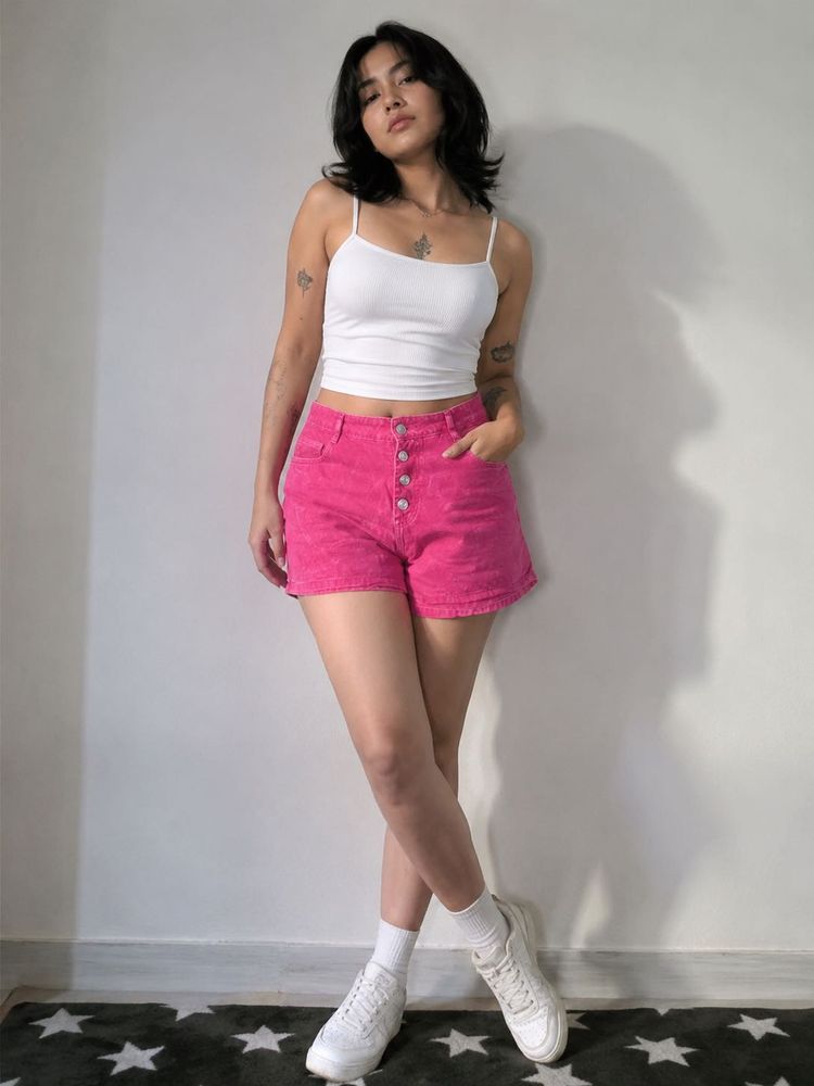 Hot Pink Button-Front Denim Shorts