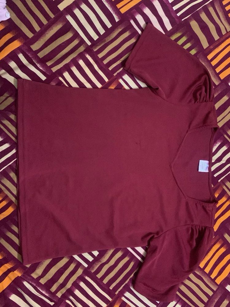 Maroon V-Neck Puff Sleeve Top