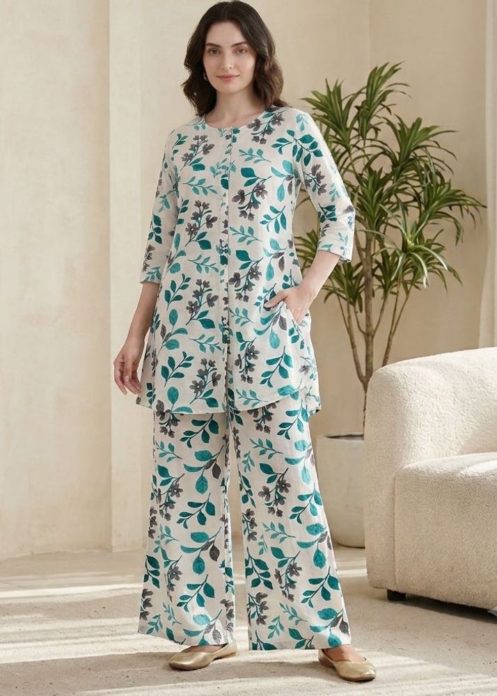 daily wear White Kurta Set with Floral Print